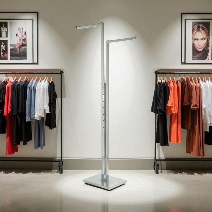 2 straight arms clothes rail - display stand for retail garment presentation.