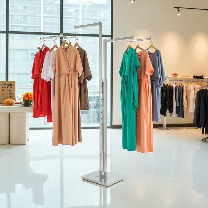 2 straight arms clothes rail - display stand for retail garment presentation.