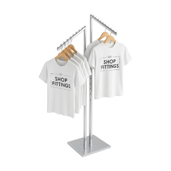 2 sloping arms clothes rail displaying white t-shirts on hangers – chrome garment display stand for retail.