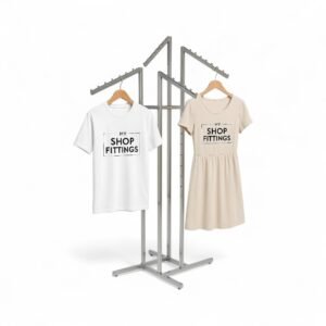 Chrome clothes rail display stand with 4 sloping arms, each with ball-stops – adjustable height garment display for retail.