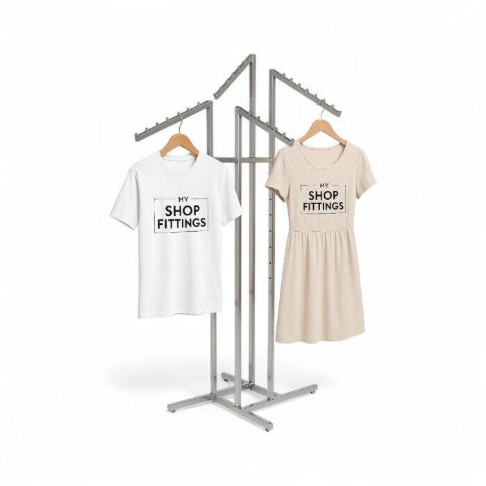 Chrome clothes rail display stand with 4 sloping arms, each with ball-stops – adjustable height garment display for retail.