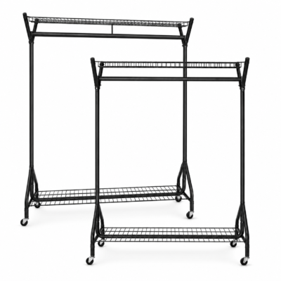 Black Heavy-Duty Clothes Rail With Top and Bottom Shelf
