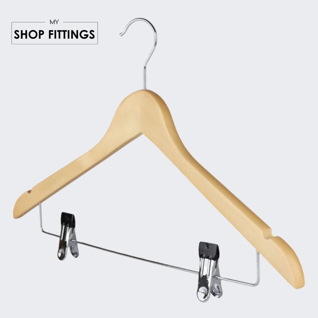 Natural Wooden Coat Hanger with Clips & Notches44.5cm My ShopFittings