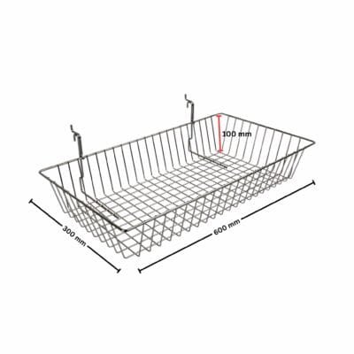 Multipurpose chrome wire basket display for slatwall and gridwall mesh, measuring W600 x D300 x H100 mm.