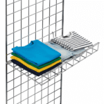 Chrome sloping wire shelf with front lip for gridwall mesh panels, size W610 x D380 x H76 mm