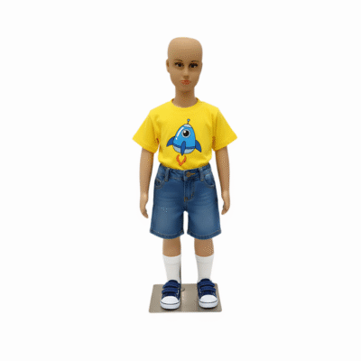 Adjustable Realistic childrens mannequin in flesh tone, 87cm tall, with a stable plastic base for retail clothing displays.