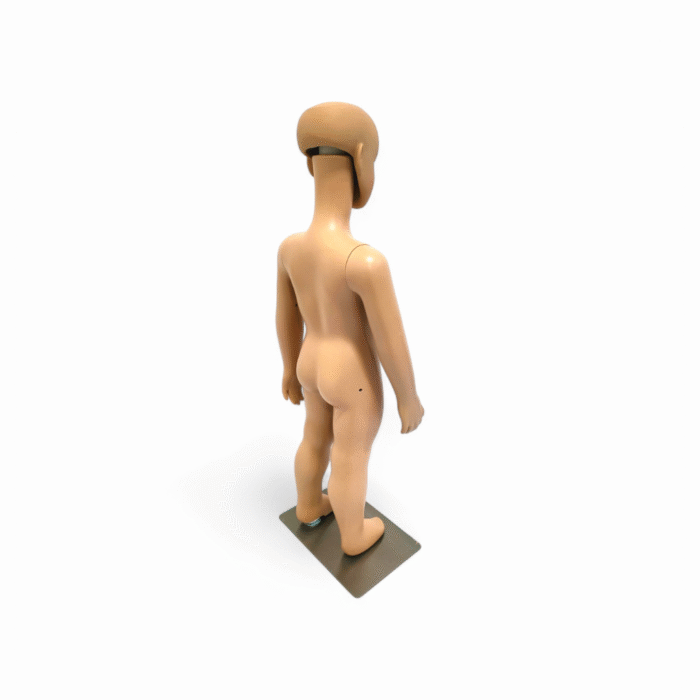Adjustable Realistic childrens mannequin in flesh tone, 87cm tall, with a stable plastic base for retail clothing displays.