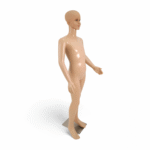 Realistic childrens mannequin 140cm with flesh-tone finish and sturdy plastic base for retail clothing displays.