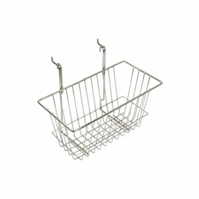 Chrome multipurpose basket display for slatwall & gridwall mesh – W300 x D150 x H105 mm