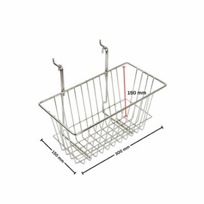 Chrome multipurpose basket display for slatwall and gridwall mesh – W300 x D150 x H105 mm