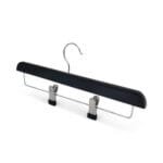 Black wooden trouser skirt hanger with clips and chrome hook, 35cm width
