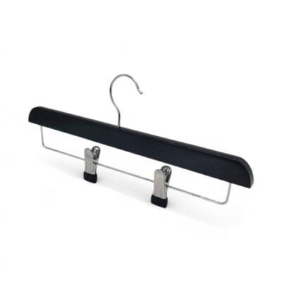 Black wooden trouser skirt hanger with clips and chrome hook, 35cm width