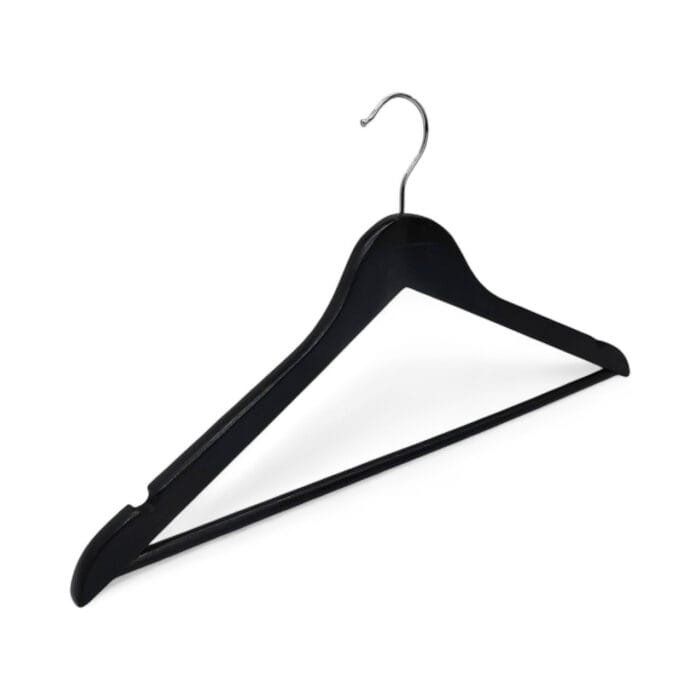 Black Wooden Hangers with Trouser Bar and Shoulder Notches – 44.5cm