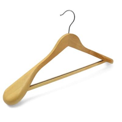 Broad shoulder wooden suit hangers with non-slip trouser bar and wide ends, 44.5cm
