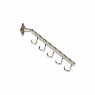Chrome Wall Mounted 5 Hook Waterfall Arm – polished chrome retail display arm with five hooks for clothes and accessories.