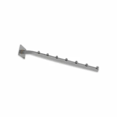 Chrome 7 Ball Sloping Arm Wall Mounted – polished chrome retail display arm with seven ball stoppers for garments and accessories.