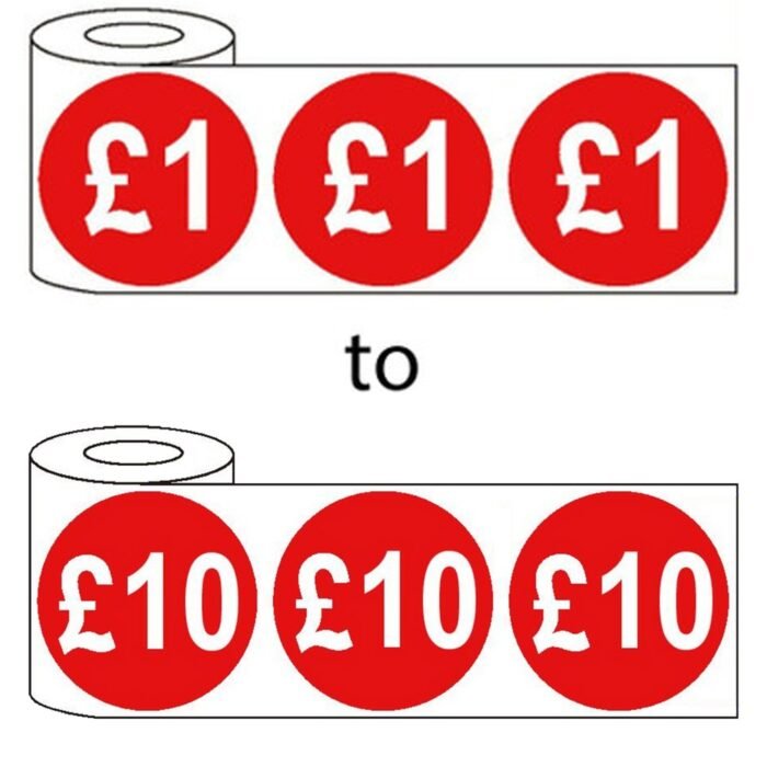 500mm x 45mm - £1-£10 Red Self Adhesive Price Stickers