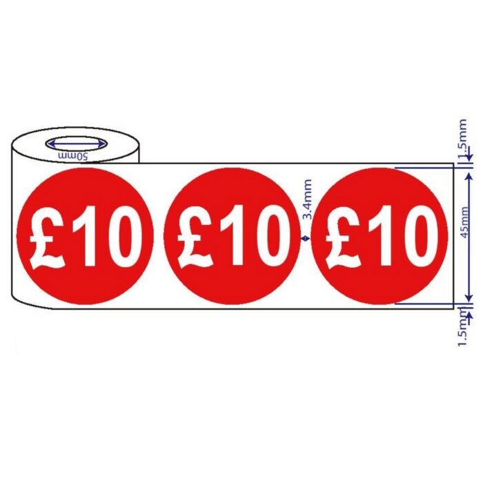 500mm x 45mm - £1-£10 Red Self Adhesive Price Stickers