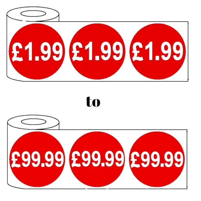 500 x 45mm red price self adhesive stickers £1.99 - £99.99 in roll packaging