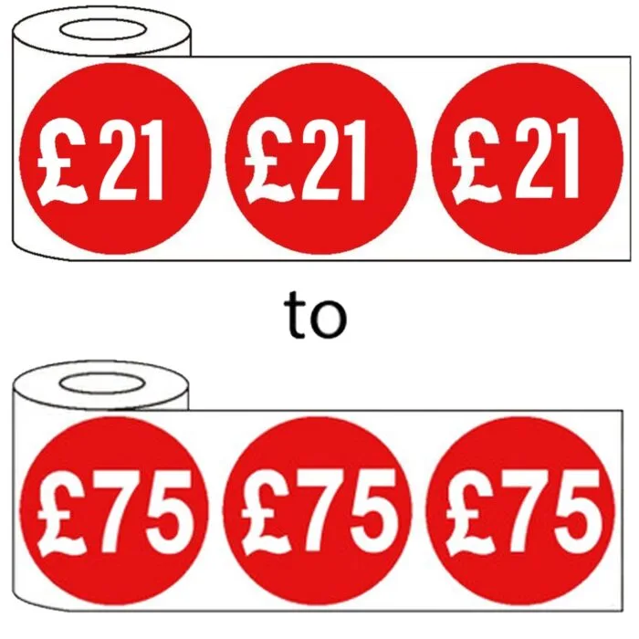 500 x 45mm red price self adhesive stickers £21-£100 in roll packaging