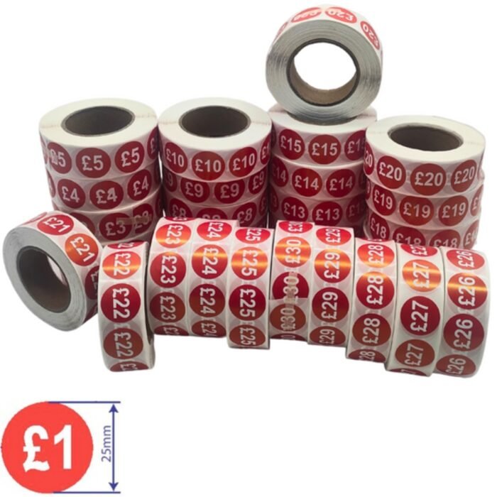 1000x 25mm £1-£30 Red Price Self Adhesive Stickers Sticky Labels For Retail Display