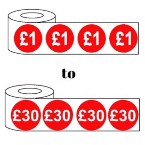 1000x 25mm £1-£30 Red Price Self Adhesive Stickers Sticky Labels For Retail Display