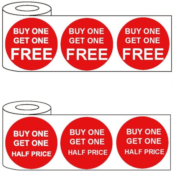 500x 45mm Round Adhesive Buy One Get One Free/Half Price Promotional Stickers