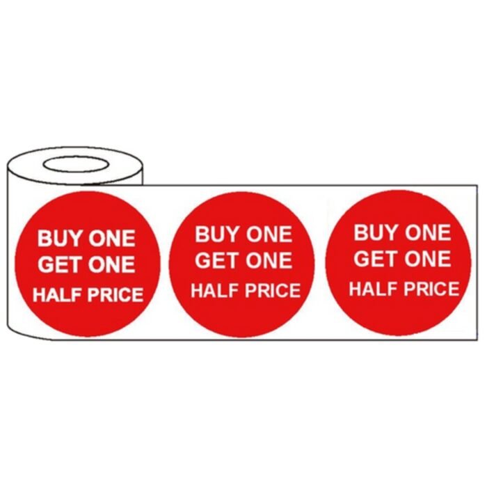 500x 45mm Round Adhesive Buy One Get One Free/Half Price Promotional Stickers