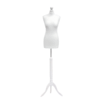 Cream female tailors dummy size 10/12 with white wooden tripod stand and neck cap, ideal for dressmaking and garment display.