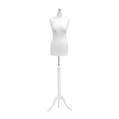 Cream female tailors dummy size 10/12 with white wooden tripod stand and neck cap, ideal for dressmaking and garment display.