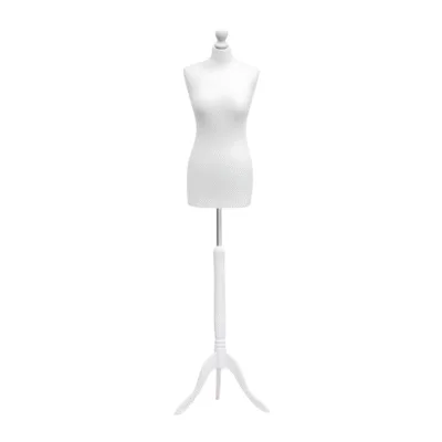 Cream female tailors dummy size 10/12 with white wooden tripod stand and neck cap, ideal for dressmaking and garment display.