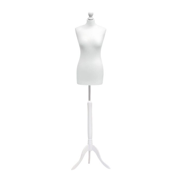 Cream female tailors dummy size 10/12 with white wooden tripod stand and neck cap, ideal for dressmaking and garment display.