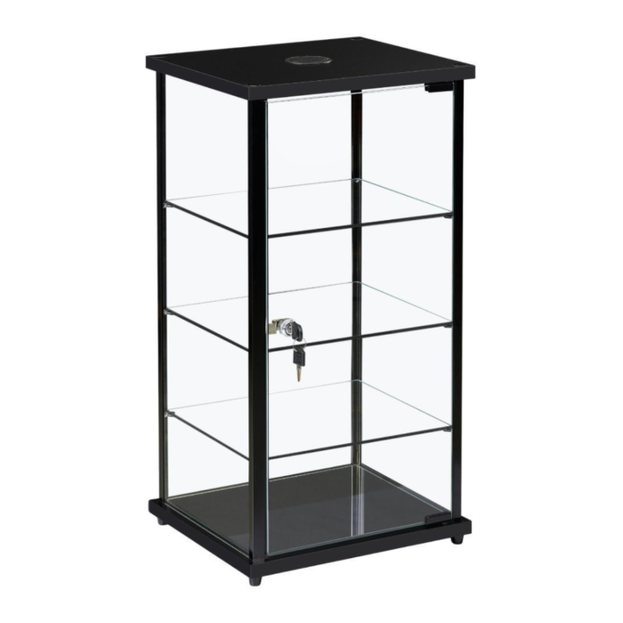 Premium Lockable Black Aluminium Display Cabinet with LED Light | Glass Showcase Countertop & 3 Shelves for Retail and Home