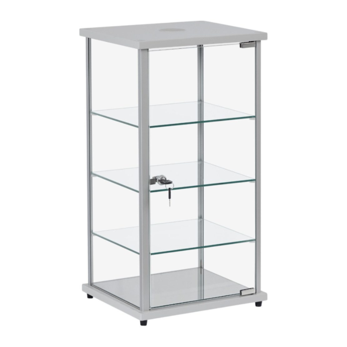 Premium Lockable Silver Aluminium Display Cabinet with LED Light | Glass Showcase Countertop & 3 Shelves for Retail and Home Display