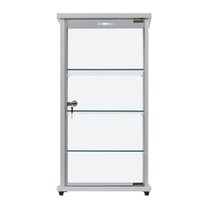 Premium Lockable Silver Aluminium Display Cabinet with LED Light | Glass Showcase Countertop & 3 Shelves for Retail and Home Display - Image 2