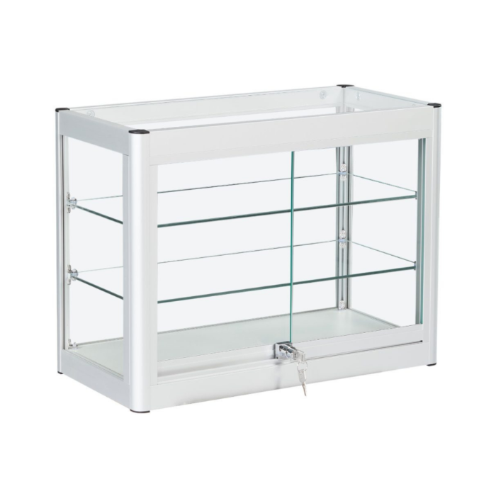 Lockable Silver Aluminium Glass Countertop Display Cabinet | Secure Retail Showcase with Sliding Doors & Adjustable Shelves for Exhibitions