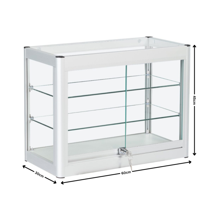 Lockable Silver Aluminium Glass Countertop Display Cabinet | Secure Retail Showcase with Sliding Doors & Adjustable Shelves for Exhibitions - Image 3