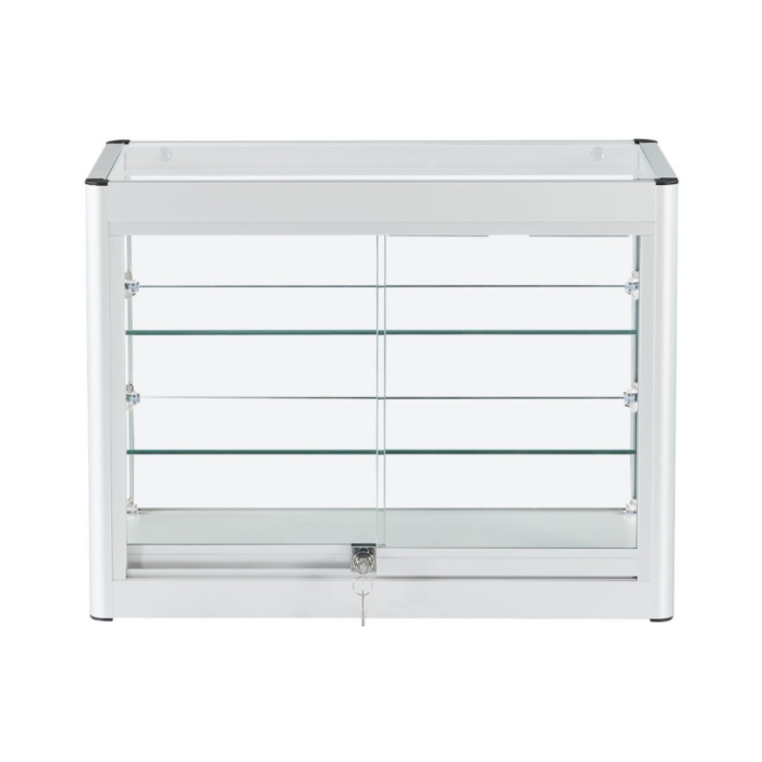 Lockable Silver Aluminium Glass Countertop Display Cabinet | Secure Retail Showcase with Sliding Doors & Adjustable Shelves for Exhibitions - Image 2