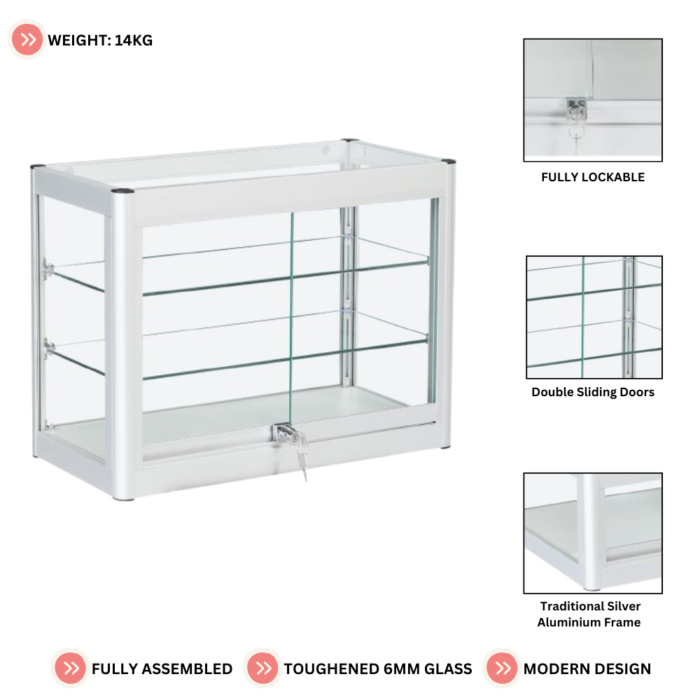 Lockable Silver Aluminium Glass Countertop Display Cabinet | Secure Retail Showcase with Sliding Doors & Adjustable Shelves for Exhibitions - Image 4