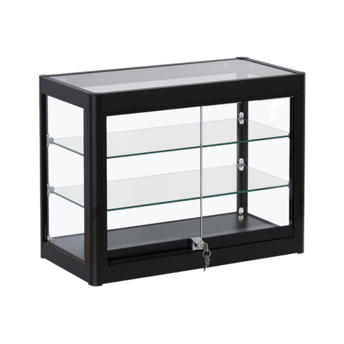 Lockable Black Aluminium Glass Countertop Display Cabinet | Secure Showcase with 2 Adjustable Shelves and Sliding Doors for Retail and Exhibitions