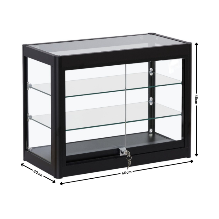 Lockable Black Aluminium Glass Countertop Display Cabinet | Secure Showcase with 2 Adjustable Shelves and Sliding Doors for Retail and Exhibitions - Image 3