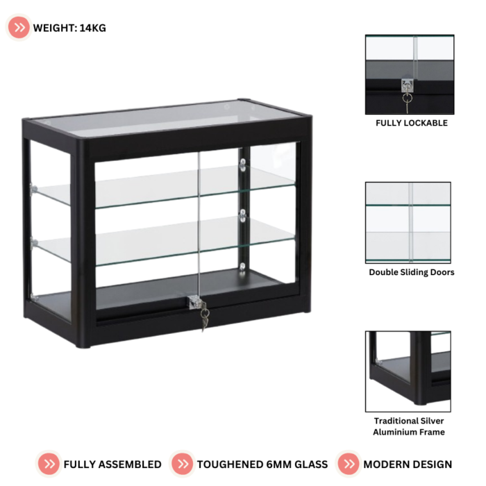 Lockable Black Aluminium Glass Countertop Display Cabinet | Secure Showcase with 2 Adjustable Shelves and Sliding Doors for Retail and Exhibitions - Image 4