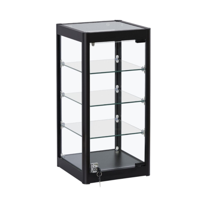 Black Aluminium Glass Countertop Display Cabinet | Lockable Showcase with 3 Adjustable Shelves for Retail and Exhibitions