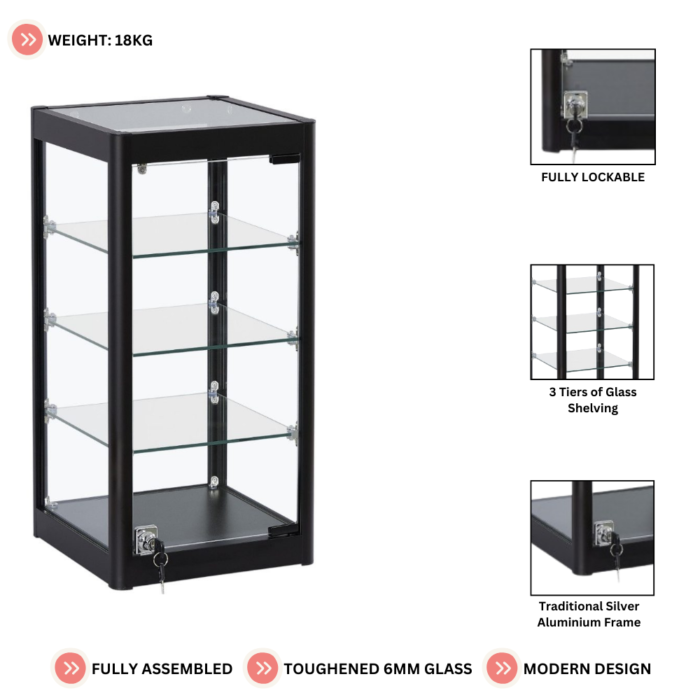 Black Aluminium Glass Countertop Display Cabinet | Lockable Showcase with 3 Adjustable Shelves for Retail and Exhibitions - Image 3