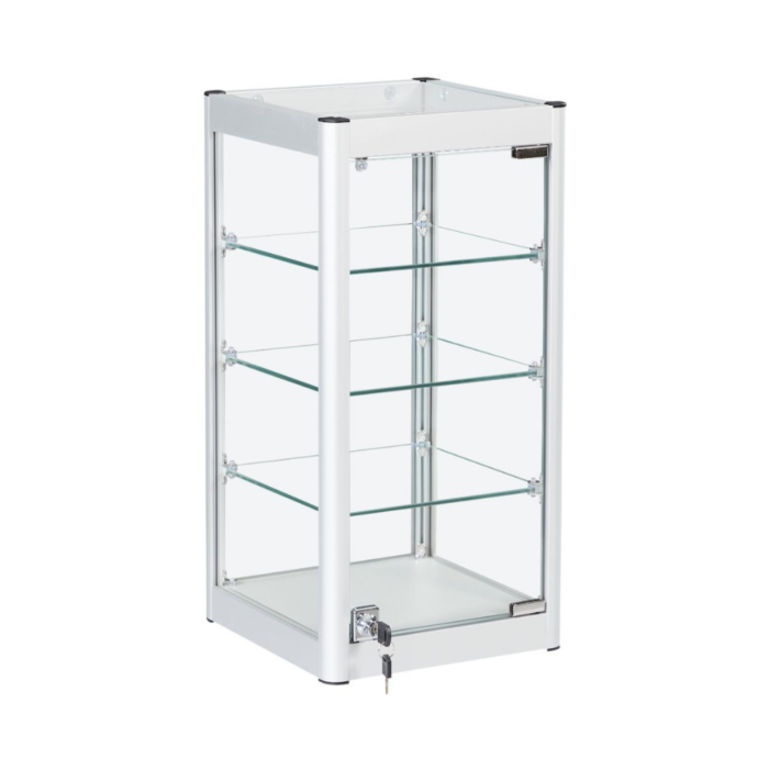 Silver Aluminium Glass Countertop Display Cabinet | Lockable Showcase with 3 Adjustable Shelves for Retail and Exhibitions