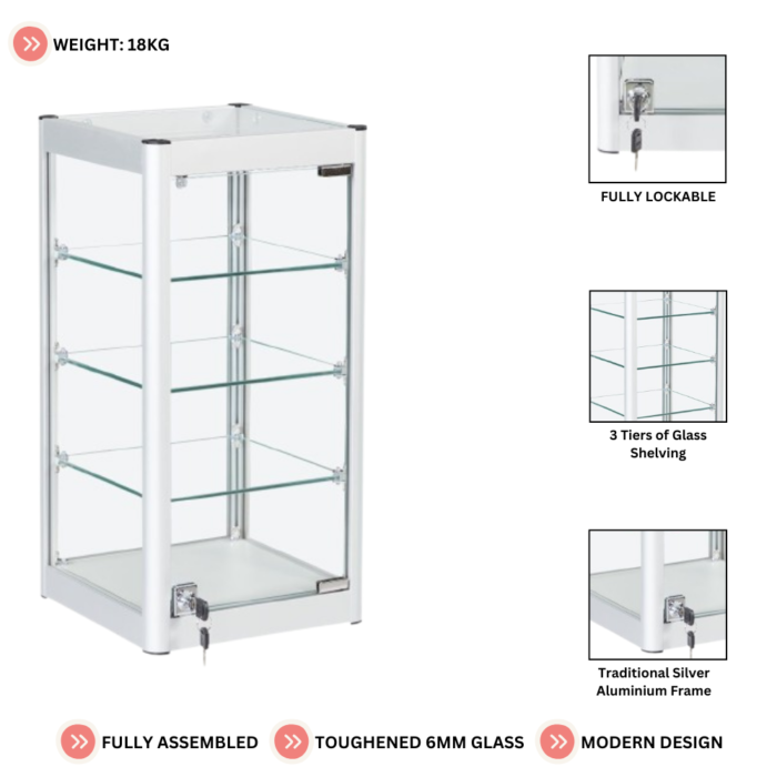 Silver Aluminium Glass Countertop Display Cabinet | Lockable Showcase with 3 Adjustable Shelves for Retail and Exhibitions - Image 2