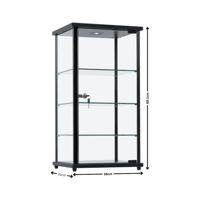 Premium Lockable Black Aluminium Display Cabinet with LED Light | Glass Showcase Countertop & 3 Shelves for Retail and Home - Image 3