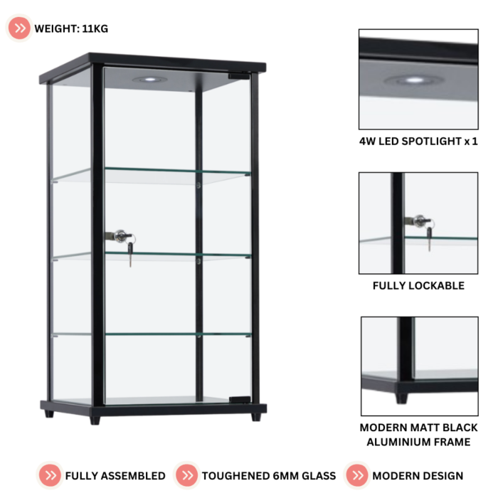 Premium Lockable Black Aluminium Display Cabinet with LED Light | Glass Showcase Countertop & 3 Shelves for Retail and Home - Image 4