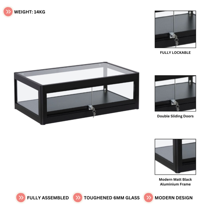 Lockable Black Aluminium Glass Countertop Display Case | Secure Showcase with Sliding Doors for Retail and Exhibitions - Image 3