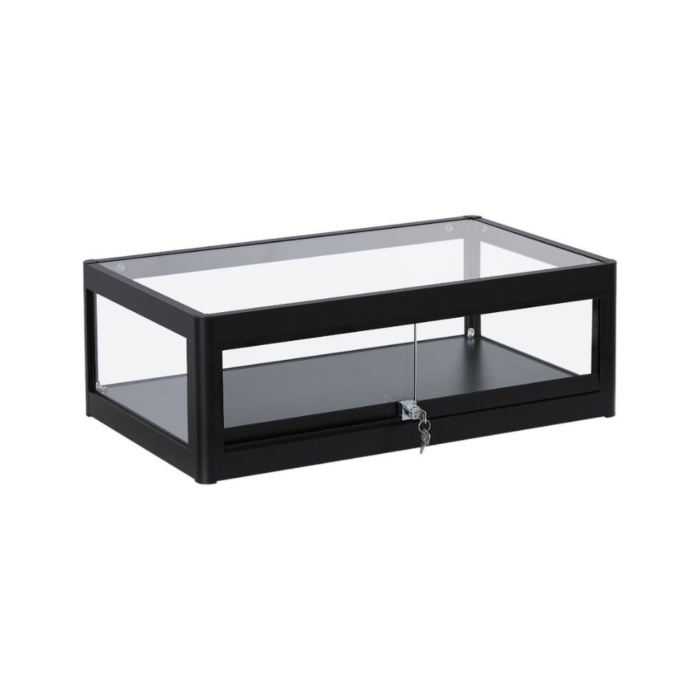 Lockable Black Aluminium Glass Countertop Display Case | Secure Showcase with Sliding Doors for Retail and Exhibitions